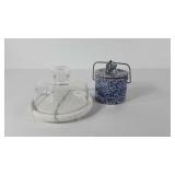 Marble cheese plate with lid and blue spatter