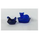 Glassware, cobalt blue nesting hen and cat on