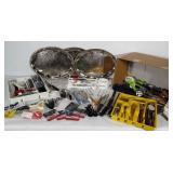 Kitchenwares: metal trays, flatware, utensils,