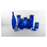Cobalt blue glassware, includes canisters, vase,