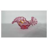Pink ruffled glass bowl. Possibly Fenton. 7"