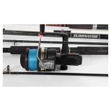 Three fishing poles, one has a reel. Megmaster