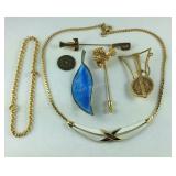 Trifari necklace, stick pins, brooches, and a