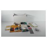 Wooden file box full of office supplies, includes