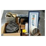 Skid lot: backpack, lamp shade, basket, hat,