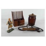 Mixed group, includes glass humidor, whip, wooden