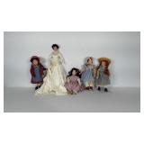 5 porcelain dolls.  3 have stands. Conditions are