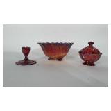 Red Carnival glass footed serving bowl with leaf