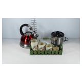 Kitchenwares, tea kettle, condiment caddy with