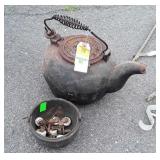 Cast Iron Tea Kettle, Lead Pot, plus 6 early