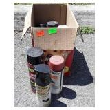 Paints, box with misc cans from garage shelf