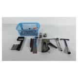 Tools, small basket with staple gun, wrenches,