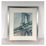 Watercolor print, suspension bridge, framed and