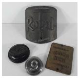 Advertising emblems and caps, includes cast iron