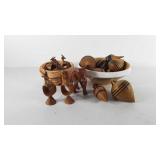 Wooden decor, includes bowl, spinning tops in