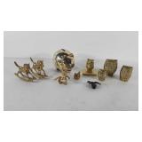 Brass figurines and silver plated coin bank,