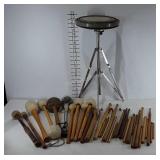 Drumming group, Ludwig practice pad on stand, and
