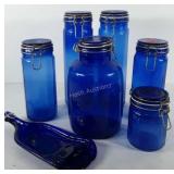 Cobalt blue glassware, includes canisters, Mills