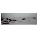 Three fishing poles. One is a 66" Zebco RT series