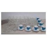 Glassware, stemware, poly teacups and saucers,