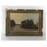 Early painting on board, river scene, frame has