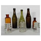 Vintage amber and avocado bottles plus 3 glass