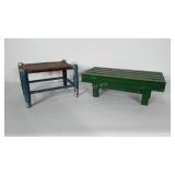 2 rustic stools. One has a woven seat. Conditions