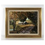 Autumn barn scene painting on canvas, signed,