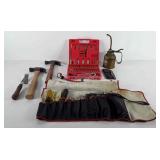 Tools, includes oil can, knife with sheath,