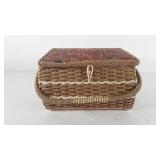 Sewing basket, includes needles, jar of buttons,