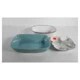 Kitchenwares, casserole dishes and relish dish,