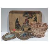 Home decor lot: Asian  tray, basket, two made in