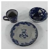 Doll sized cup, plate and bowl, all artist signed