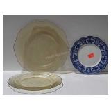 3 plates: blue and white pottery and 2