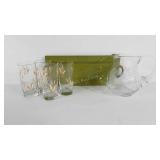 Harry & David relish tray, etched glass pitcher