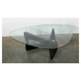 Glass topped coffee table, modern base, 48" width