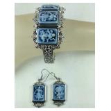 Cameo silvertone bracelet and matching earrings