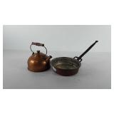 Copper kitchenwares, includes pan and tea kettle,