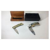 Two pocket knives wolf and Native American themes