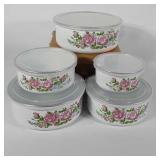 Five nesting enameled bowls with poly lids, new