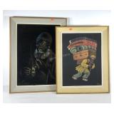 Two paintings on fabric, rug seller on cotton,