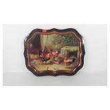 Rooster and chicken themed serving tray, metal,