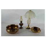 Brass home decor, includes oil lamp with amber