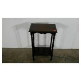 Small dark wood stand, 11 x 17 x 28, one leg is
