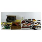 Model train group, train cars, tracks, engine,
