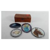 Small wooden jewelry box, three glass hanging