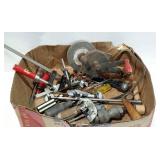 Flat of assorted hand tools. Hand crank grinder,