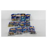 Dozen Hot Wheels die cast toy cars, carded