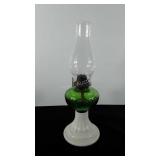 Oil lantern with green and milk glass base, 18",