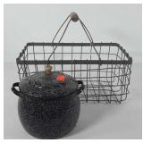 Wire basket and enameled pot with lid, condition